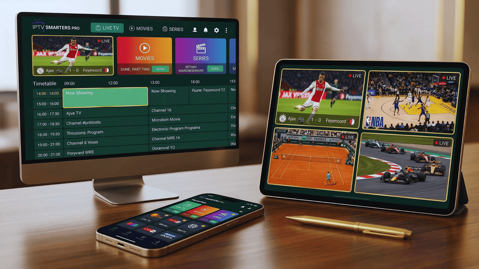 IPTV Smarters Pro interface met live TV kanalen en VOD-content